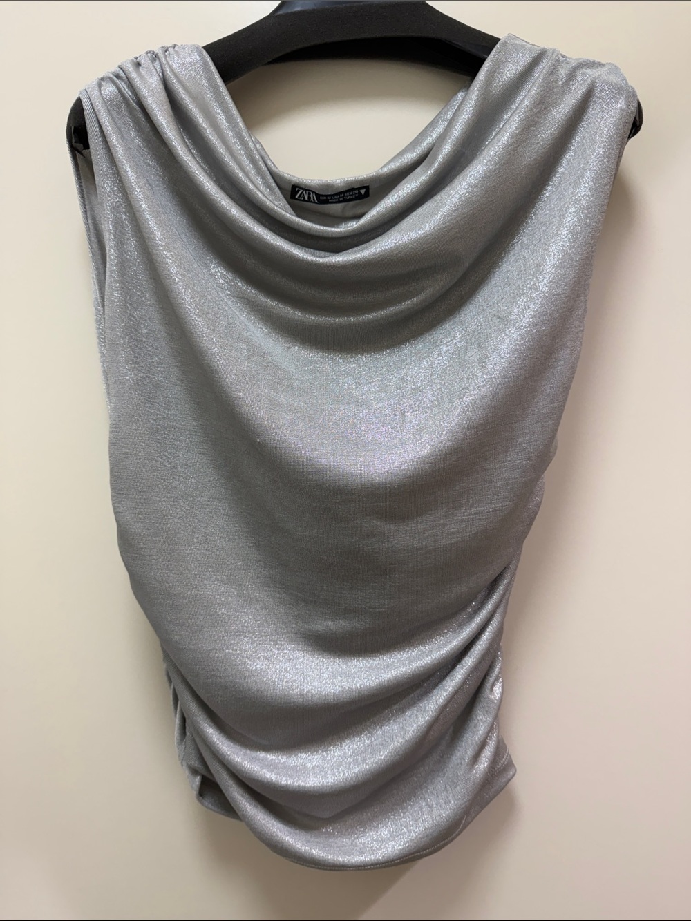 Zara Metallic Silver Draped Cowl Tank Size M